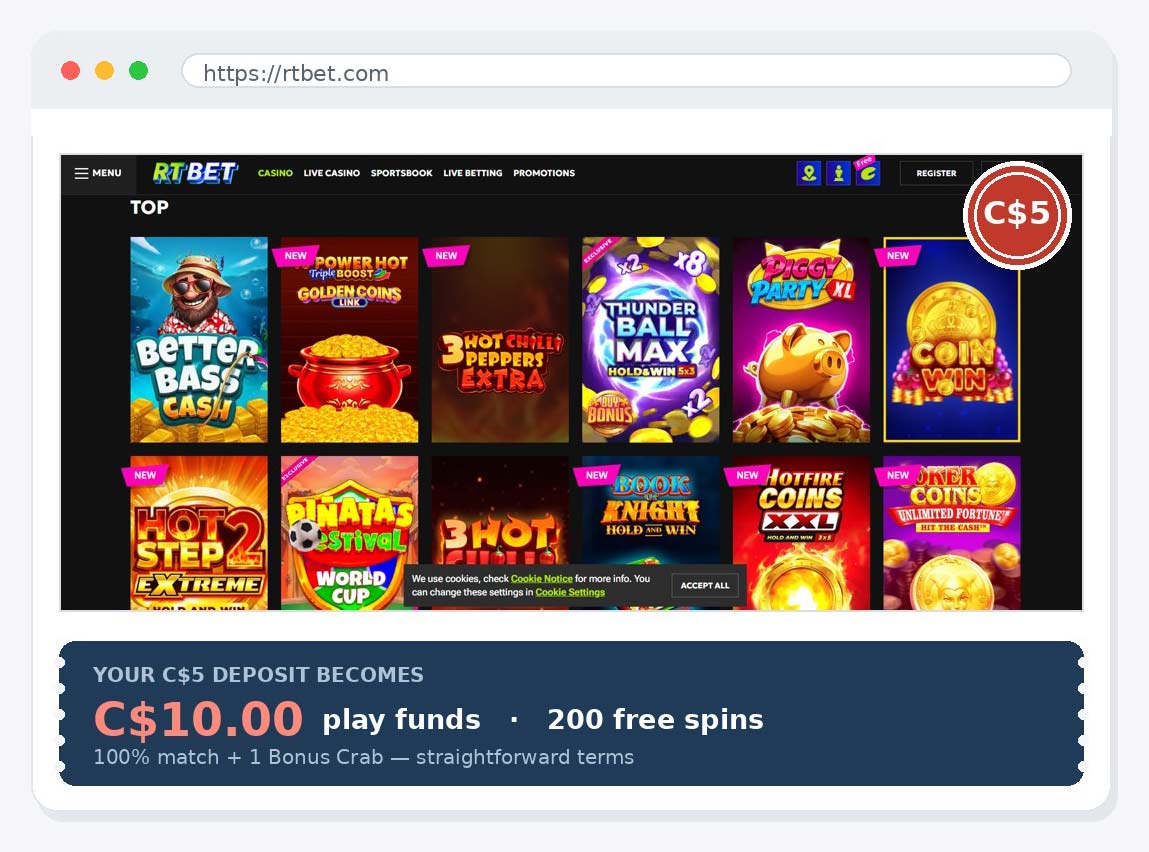 RTBET casino site five dollars review